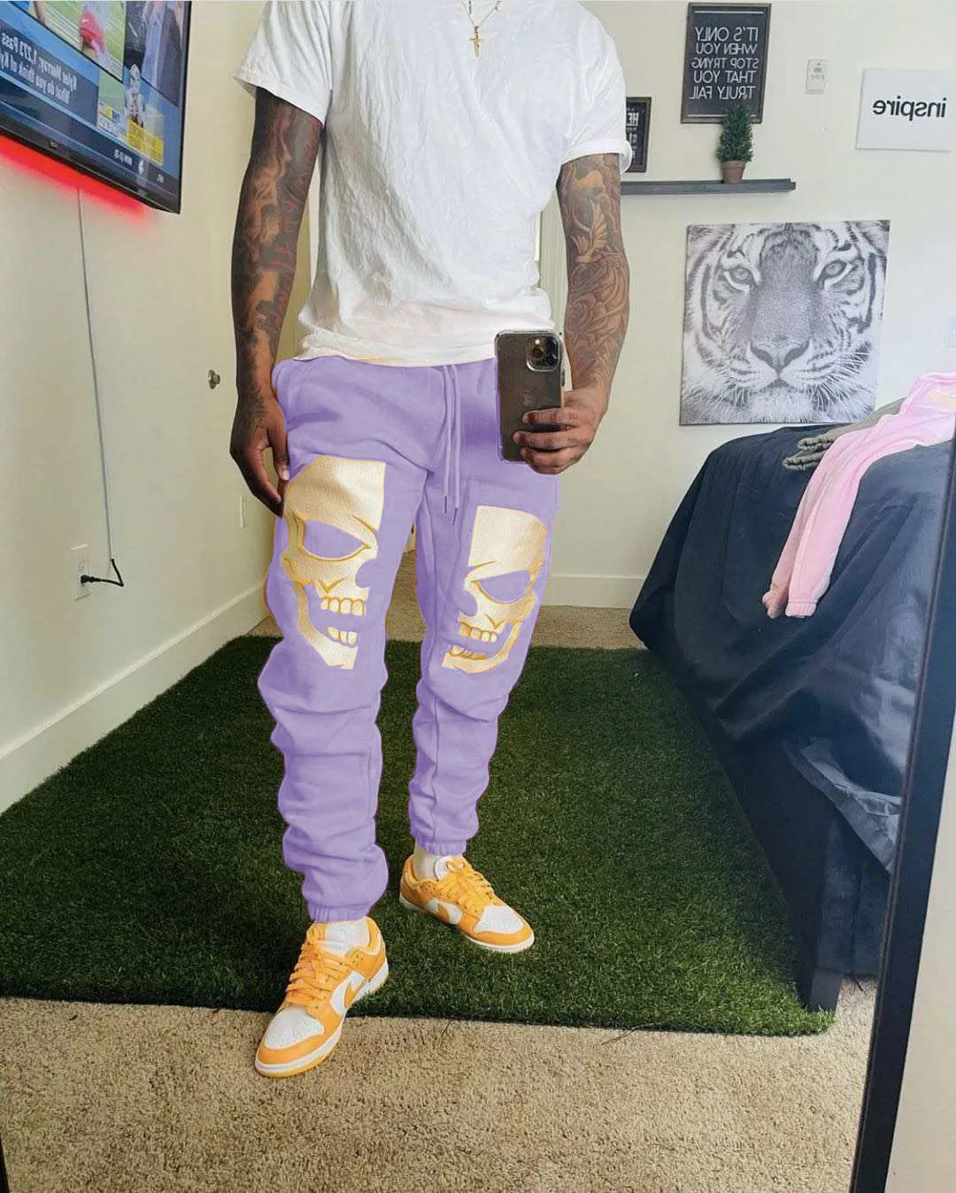 QYOURECLO Custom Logo Straight Skull Print Loose Sweatpants Graphic Track Men Stacked Sweat Pants
