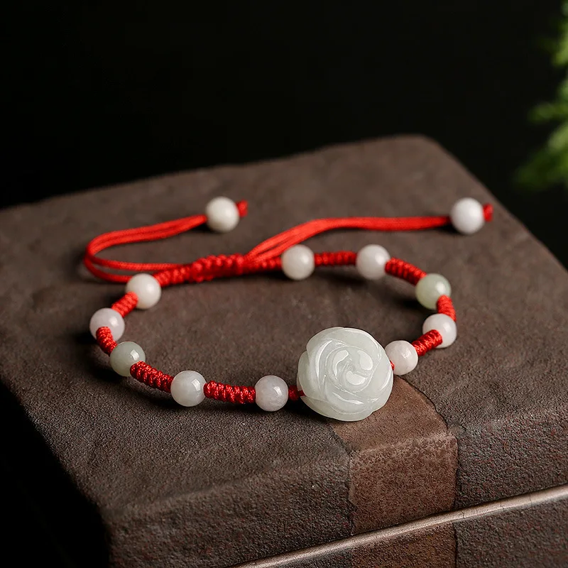Natural Emerald Jade Bracelet Natural Emerald Rose Carved Parts DIY Hand Weaving Bracelet Ornament