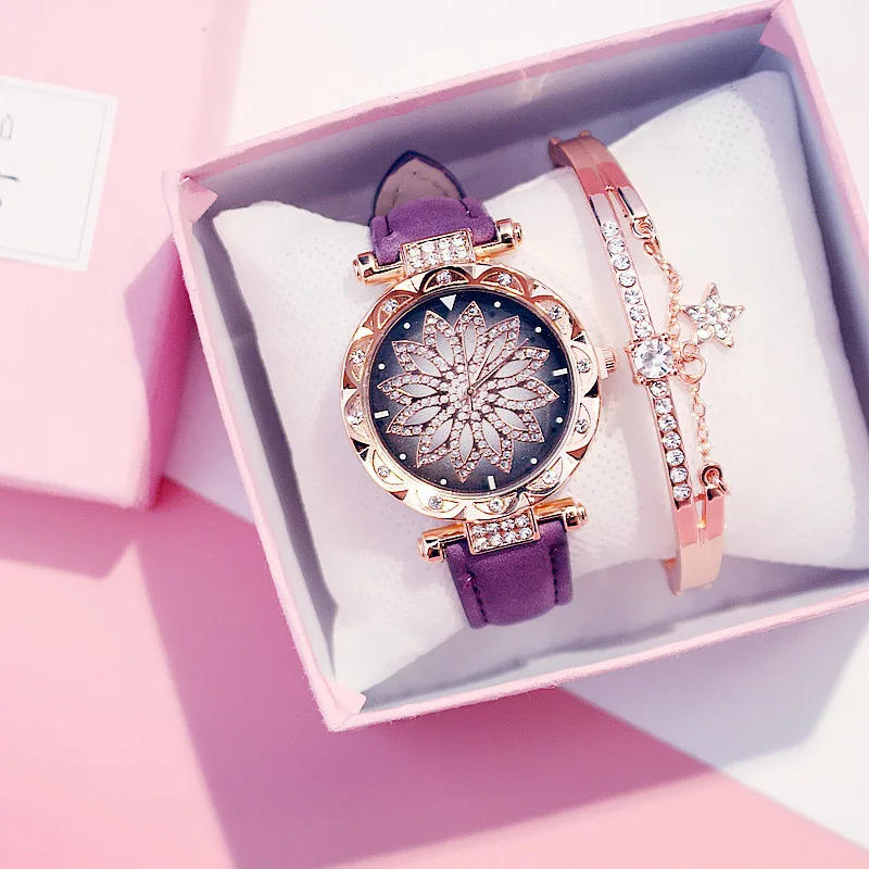 Y14 luxury Starry Sky round PU leather strap 2pcs/set quartz watches for women