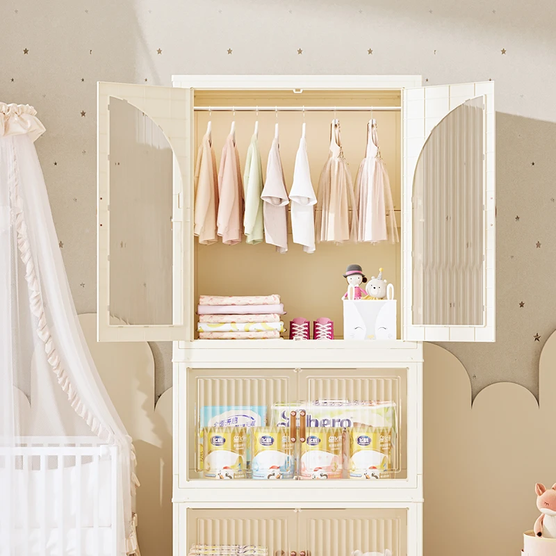 Modern Plastic Collapsible Clothing Storage Cabinet for Baby PP Folding Wardrobe with Opening Door and Drawers for Bedroom Use