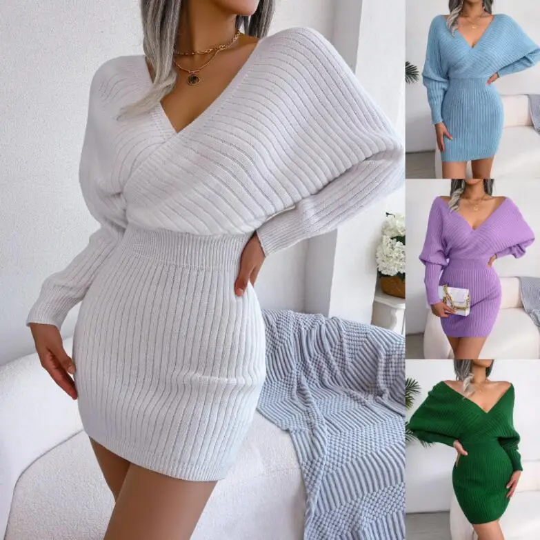 RNSHANGER Solid Color Backless Knitted Dresses V Neck Sexy Slim Fit Temperament Long Sleeves Basic Women Sweater Mini Dress