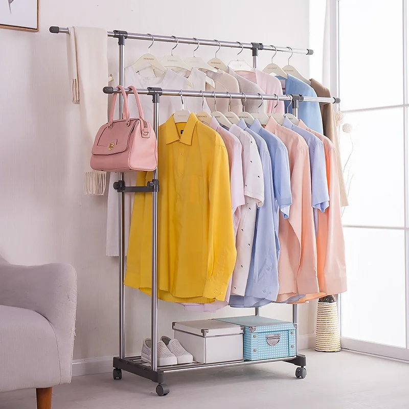 BAOYOUNI Double Pole Telescopic Clothes Rack Extendable Hanging Rail Rolling Laundry Drying Stand Garment Rack with Wheels