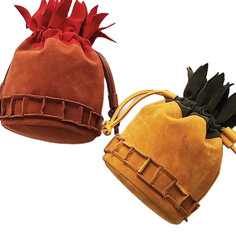 Women Scrub Leather Messenger Bags Good Quality Women Bucket Shoulder Bags Ladies Pineapple Shaped Crossbody Drawstring Bags
