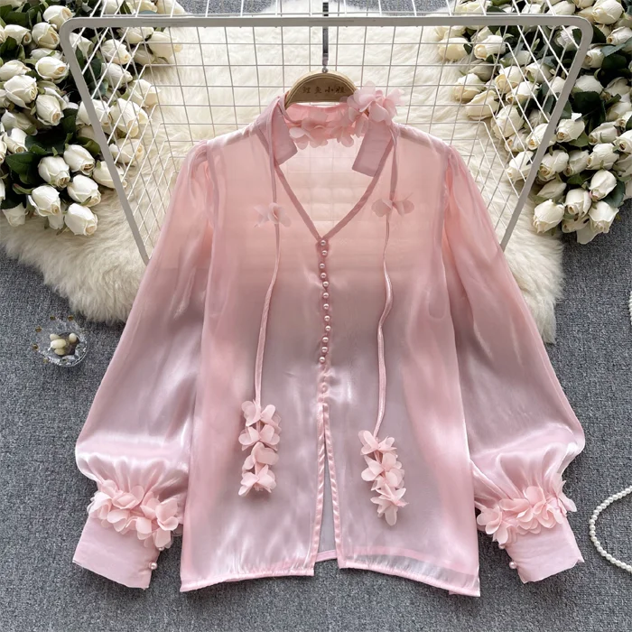 LY818 Wholesale 2023 Korean Chic Solid Color Long Sleeve 3D Floral Decorate Sweet Blouse Women Shirt Blouses Tops 8