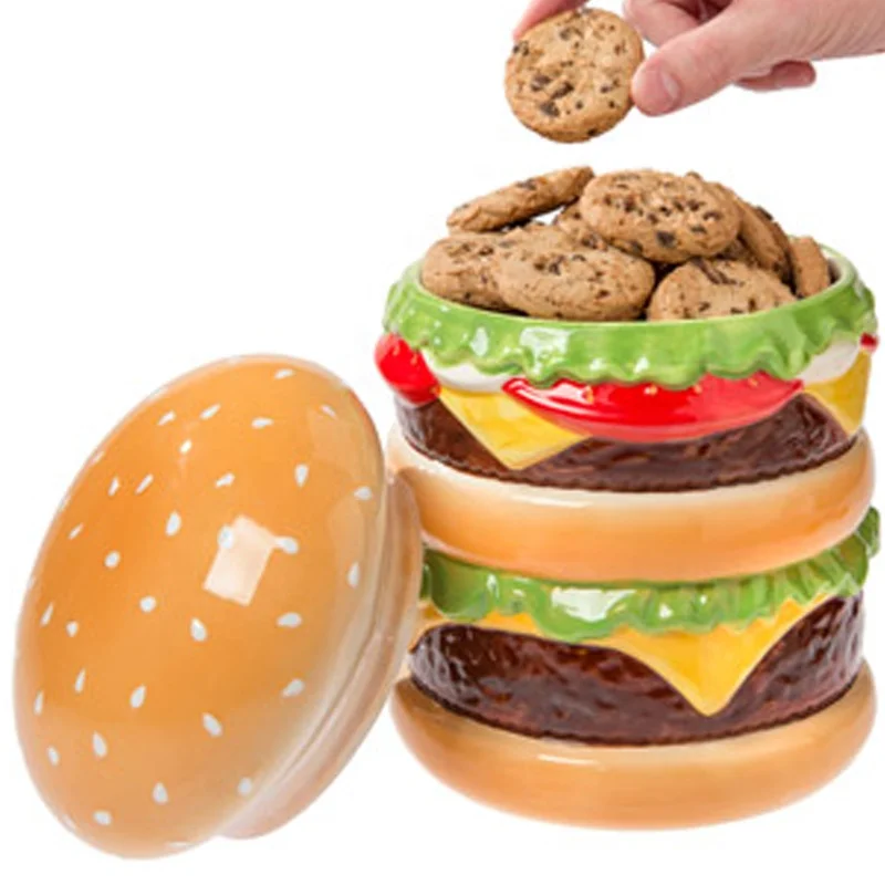 Custom handmade kitchen decor centrepiece hamburger burger shape storage canister porcelain chessburger cookie jar