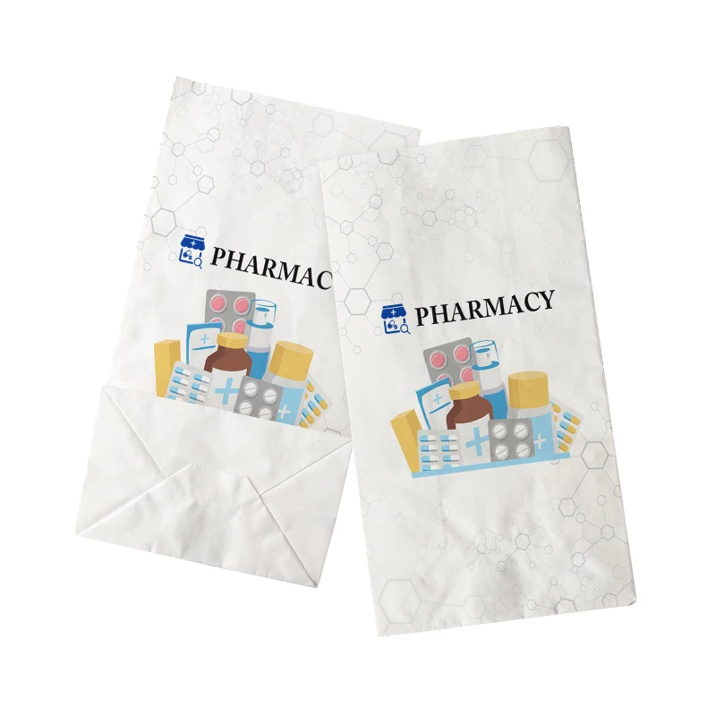 ZY Packaging pharmacy retailing takeaway bag branded flat base white kraft to go drugs containers factory manufacturer mini bags