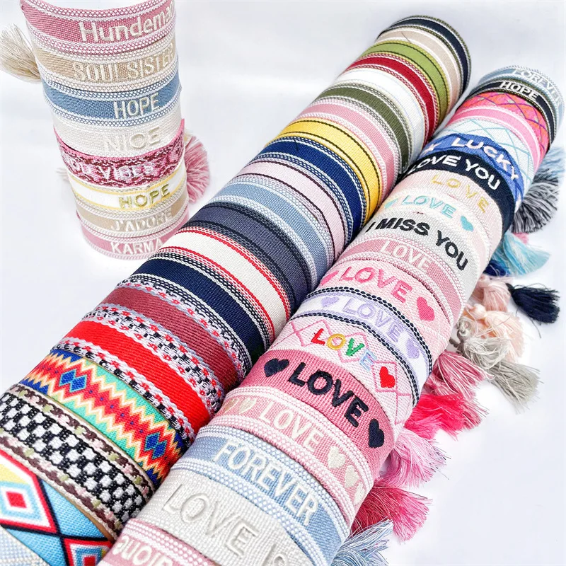 Wholesale Customized Logo Text Fashion Bracelets with Bohemian Ribbon Letter Embroidery and Tassel Weaving for Gift