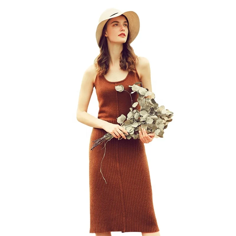 
H17070252 OEM 2021 New fashion custom casual fitted ladies crerw neck pullover100% cashmere sweater dress with Sleeveless 