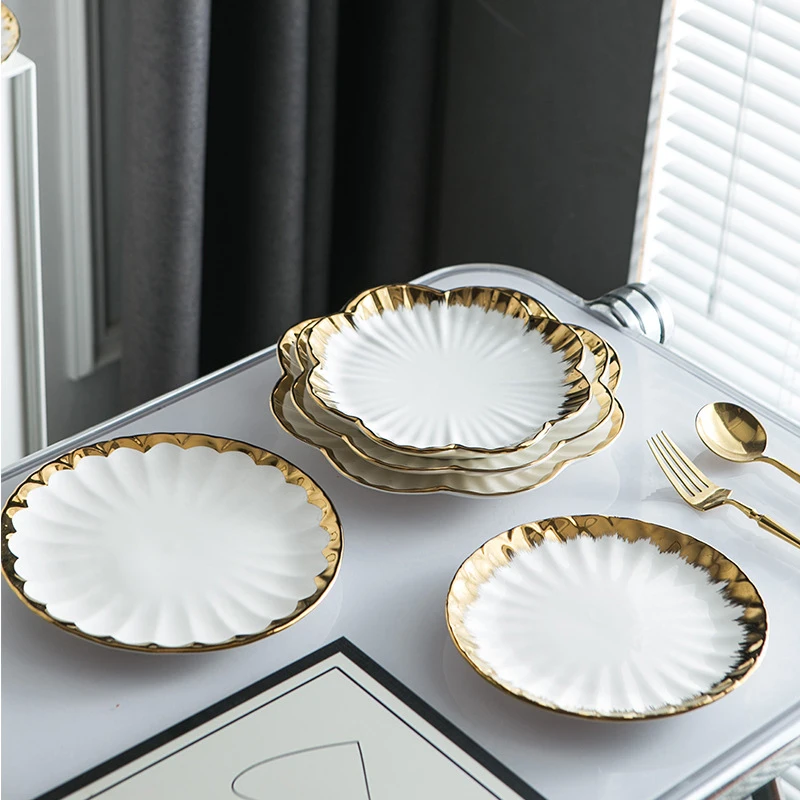 European Style Luxury Ceramic Serving Plates Dishes Gold Rim White Dinner Plates Tableware 8/9/10 Inch Porcelain Dishes & Plates