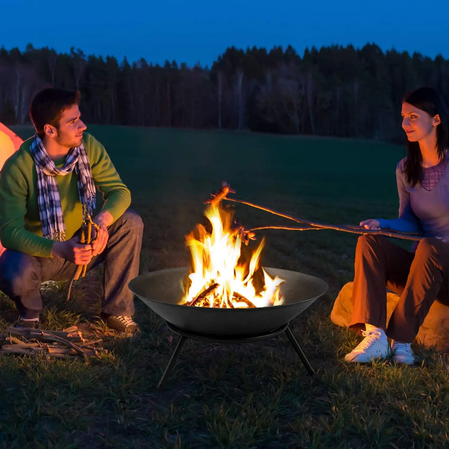 Fire Pit Outdoor Wood Burning 22.6in Firepit Firebowl Fireplace Heater Log Charcoal Burner Camping Outside Patio Backyard