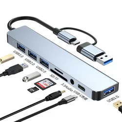 4 5 6 7 8 Ports USB Hub 2.0 3.0 Multifunctional Adapter Aluminum Usb-c Hub Splitter For Laptop Desktop Computer Monitor