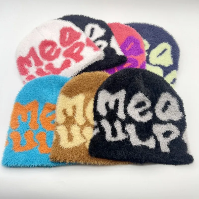 Wholesale New Design All Over Print Jacquard Knitted Cuffed Hats Mohair Beanie Hat For Men Women