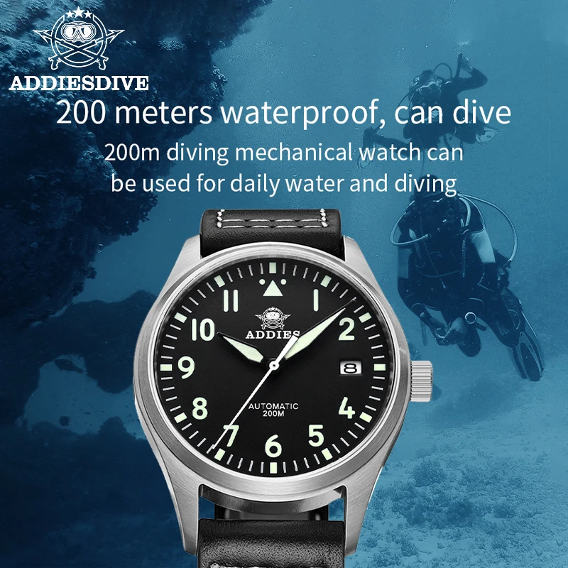 Мужские светящиеся автоматические часы ADDIESDIVE H2 для дайвинга и дайвинга из стали 316 с механическими часами-пилотами NH35