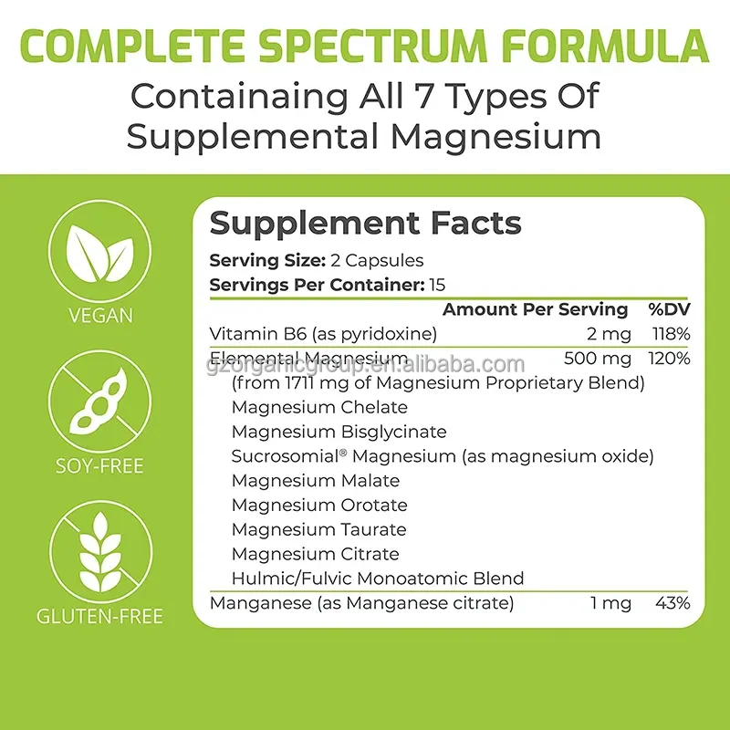 OEM Stock Magnesium Complex 500mg Glycinate Max Absorption Magnesium Capsules Supplement For Sleep Leg Cramps Muscle Relaxation