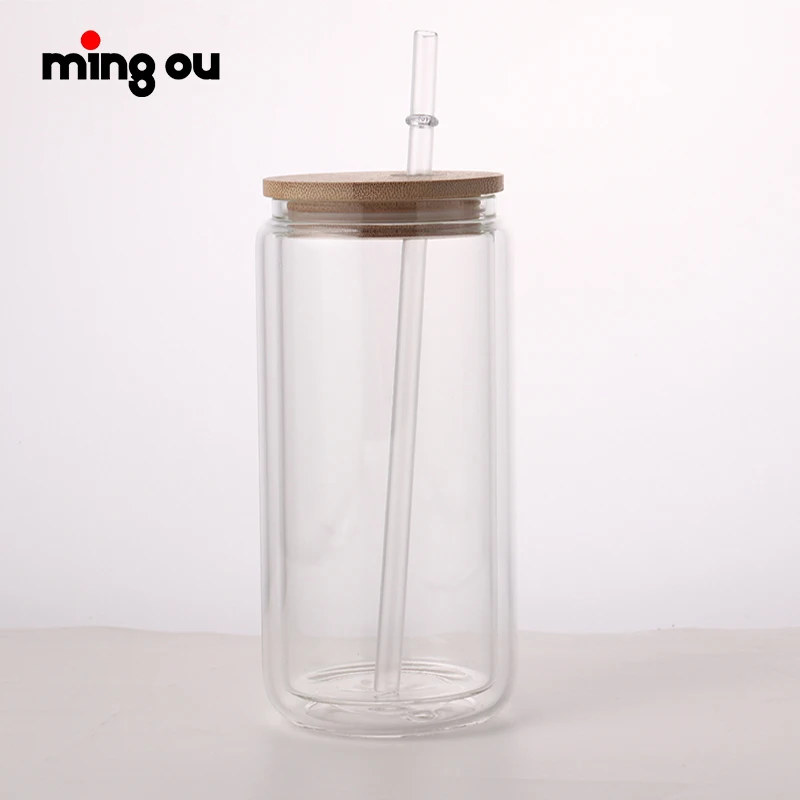 Customized 16oz reusable blank water cup glass beer can with bamboo lid and straw