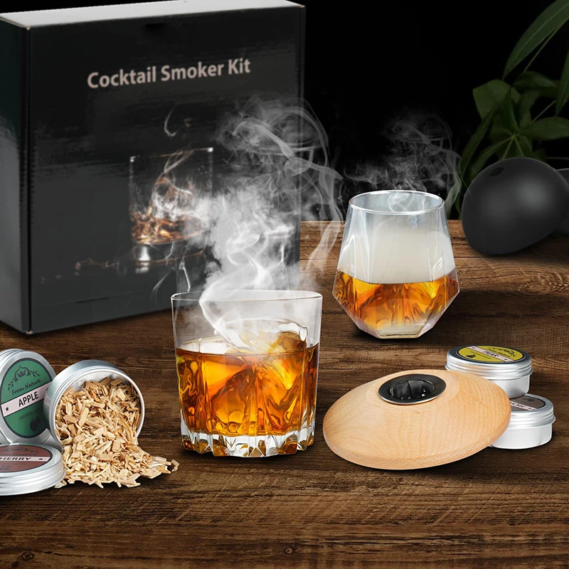 Old Fashioned Whiskey Smoker Kit,Bourbon Smoker Cocktail Smoker Kit with Torch Including Six Wood Chips and One Ice Ball Mold