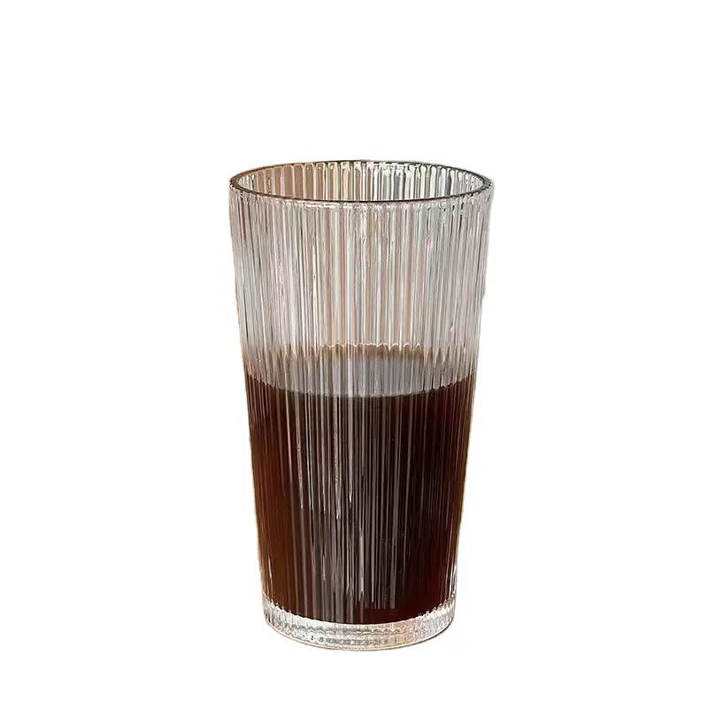 Hot Sale 350ml Transparent Bubble Tea Cup Simple Ribbed Vertical Stripes Glass Cup With Lid and Straw