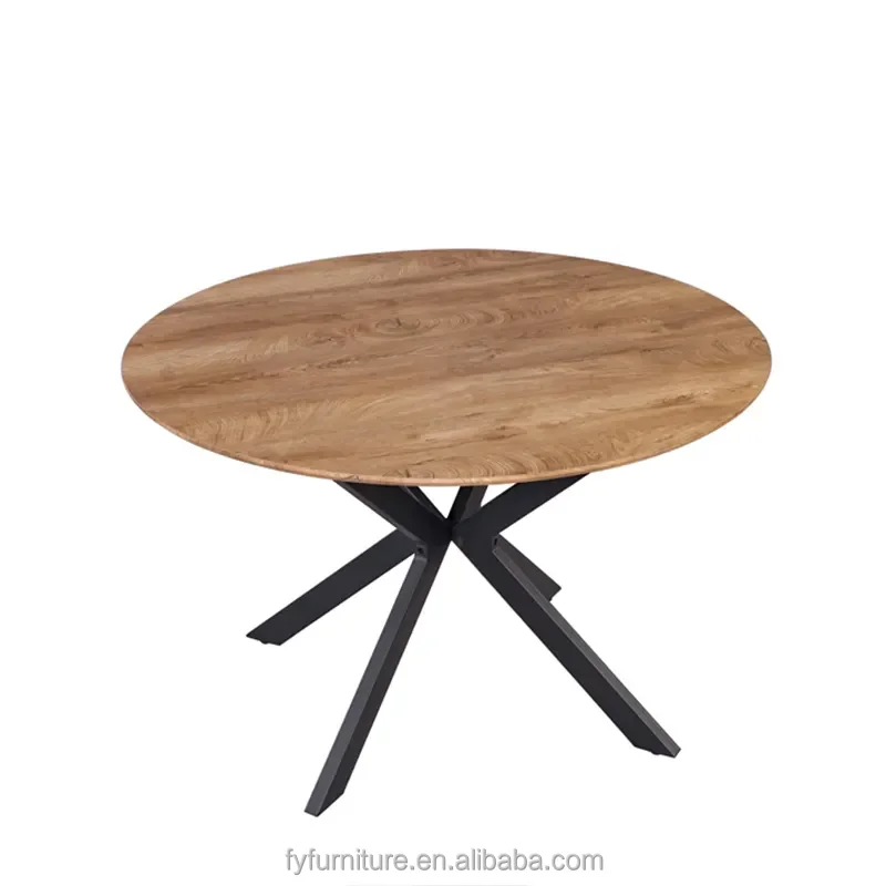 Scandinavian Rustic Style Round Wooden Tabletop Dining Table with Metal Legs for Hotel Dining Room