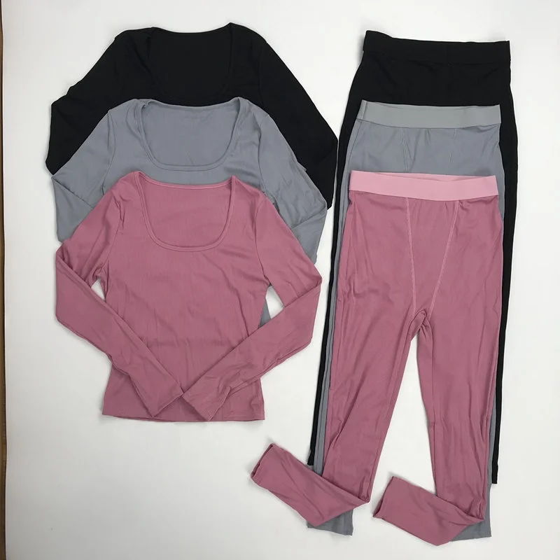 Hot Selling Fall 2024 Women Clothes Long Sleeve  2 Piece Set Ribbed Women With Legging Sports Solid Color Loungewear Women Sets