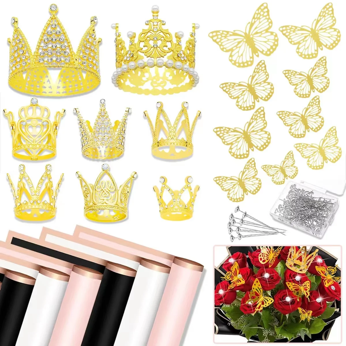 Factory Direct Flower Wrapping Paper Alloy Crown  Pin Bouquet Decoration material Butterfly florist paper flower wrapping