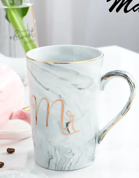 14oz Pink Grey  Mr Mrs Souvenir Wedding Gift Couple Lover Reusable Ceramic Marble Coffee Tea Mug