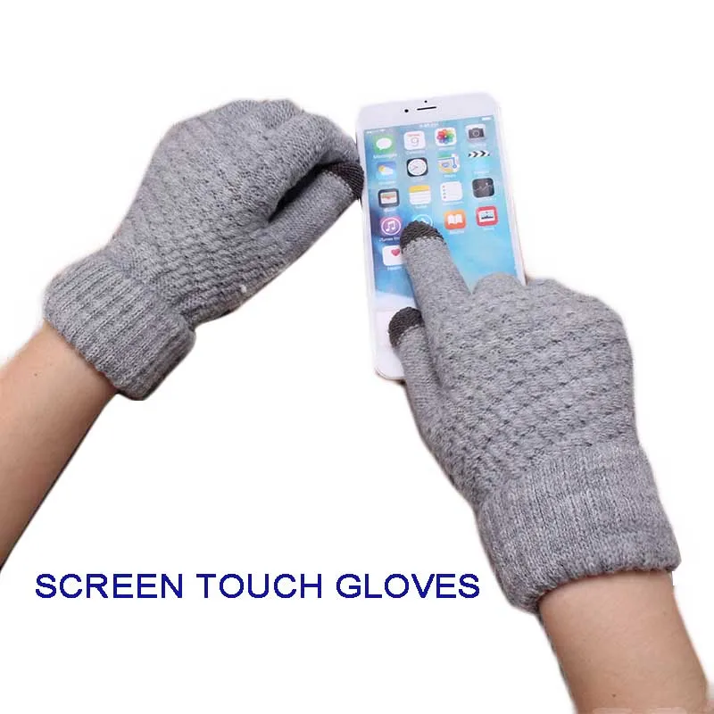 LTT1646 Jacquard Plain Women Men Mitten Elastic Cuff Texting Knitted Gloves Warm Fleece Lined Winter Gloves Touch Screen