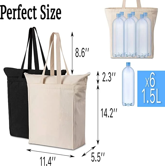 Large Reusable Blank Canvas Grocery Shopping Tote Bags with Pocket and Zipper