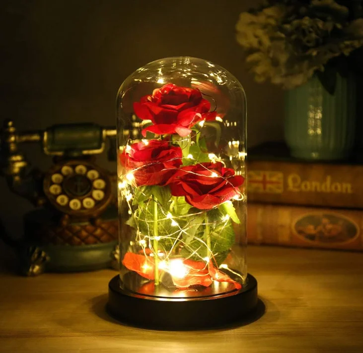 wholesale reasonable price gifts elegant decorative forever eternal rose led light preserved enchanted rose flower in glass dome