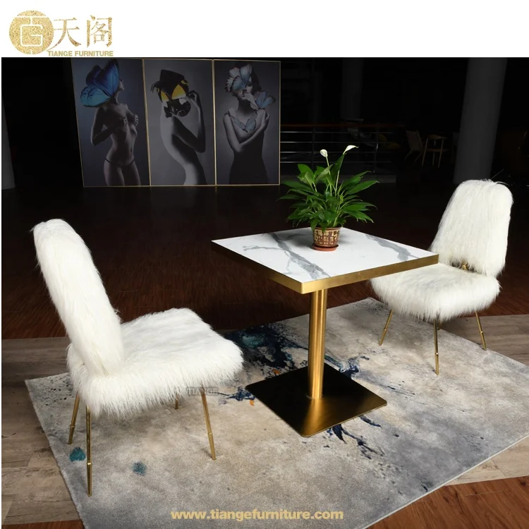 Luxury Living room Chairs X back white mongolian fur gold dining chair