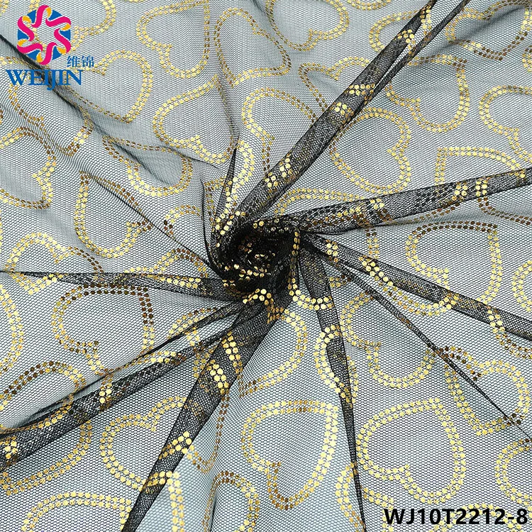 100% Polyester fiber printed peach heart chiffon lace fabric gold-plated printed shiny peach heart mesh fabric clothing skirt