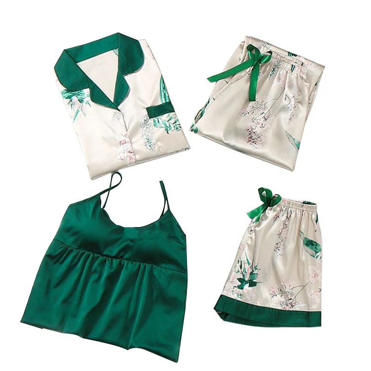 Wholesale Long Sleeve Silk 4 Piece Satin Sleepwear Pajamas Sets For Women