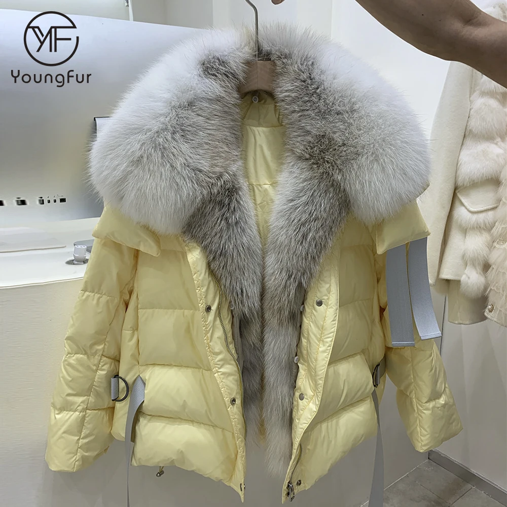 2022 Korea Fashion Winter Women Luxury Fluffy Goose Down Coat Big Fox Fur Coat Jacket