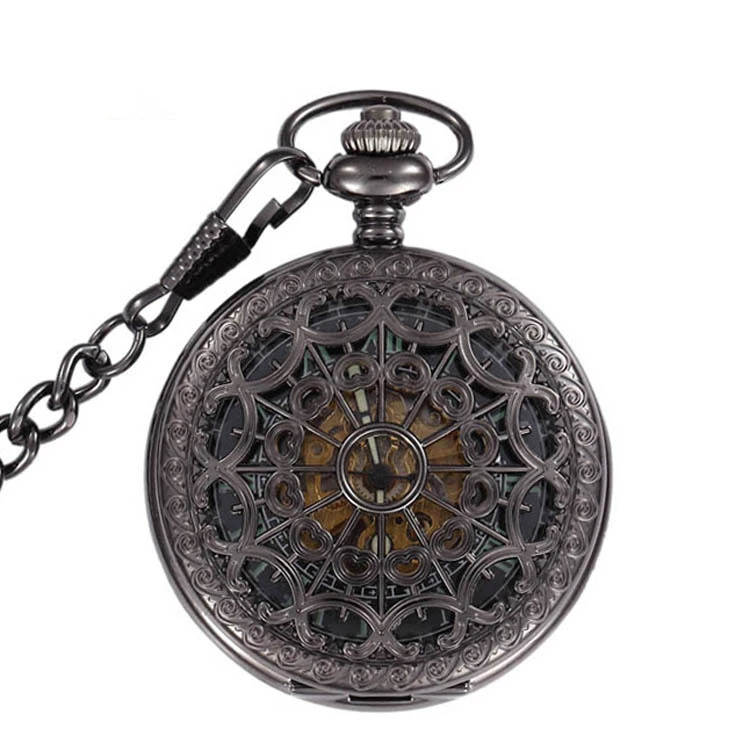 Tungsten Steel Black Spider Web Face Automatic Mechanical Pocket Watch Clamshell Retro Vintage Antique Gift Clocks