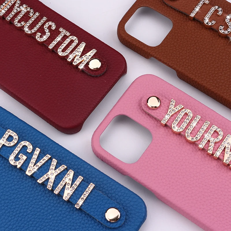 For iPhone 11 12 13 14 Pro Max Phone Case Pebble Grain Luxury Guniune PU Leather Phone Cover Shell With Letters Strap In Metal