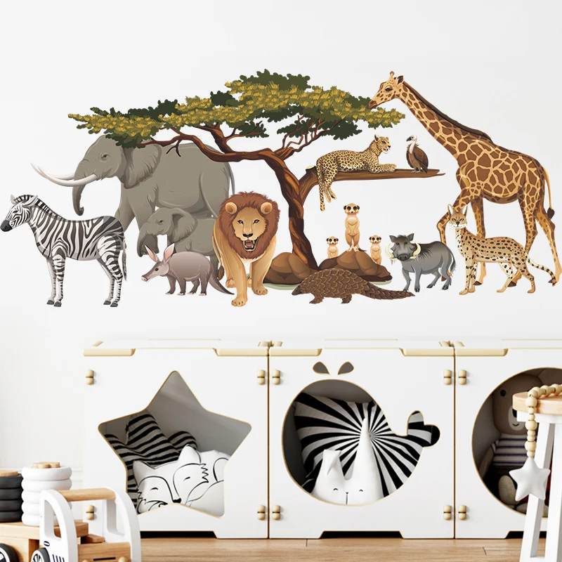 New Design Jungle Wall Sticker Elephant Lion Panda Murals Living Room Decorative Wallpaper Self Adhesive TV Background Decals
