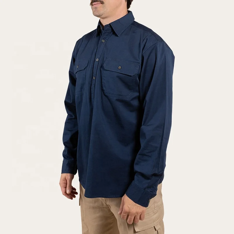Solid color workwear long sleeve custom logo heavy duty 100% cotton farmer work shirt mens country shirt.jpg