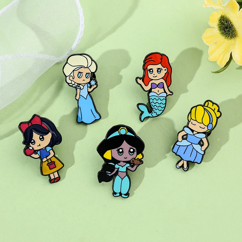 Wholesale Lapel Pin Cloth Decoration Cartoon Cute White Frozen Jasmine Princess Ariel Brooches Metal Enamel Badge For Kids Gifts