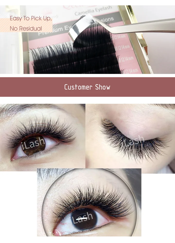 qeelasee hot selling product 0.05 camellia eyelash extensions korean pbt fiber handmade
