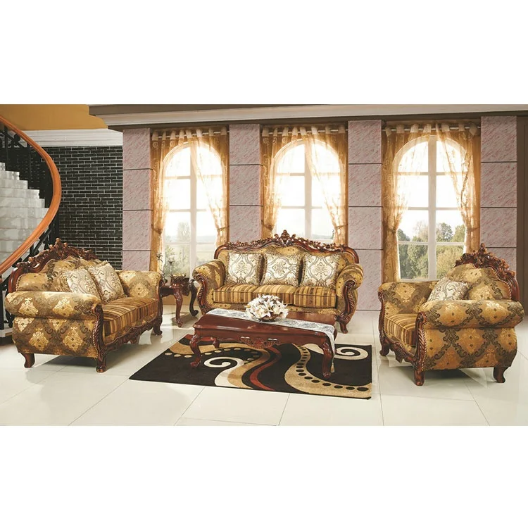 Brown color royal living room furniture 1+2+3 seater flannelette fabric sofa set