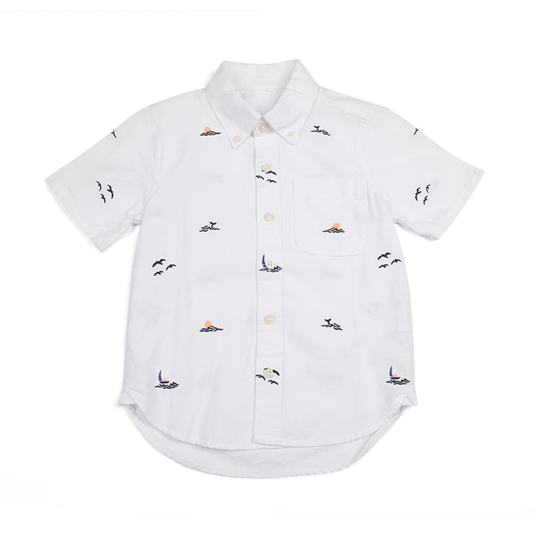 
High quality trendy summer short sleeve 100% cotton woven white kid boy shirt with cute printing 
