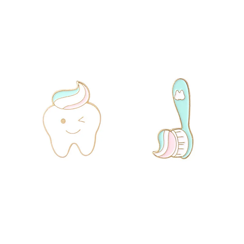 Cartoon medical dental dentist toothbrush pin injured tooth teeth enamel badge