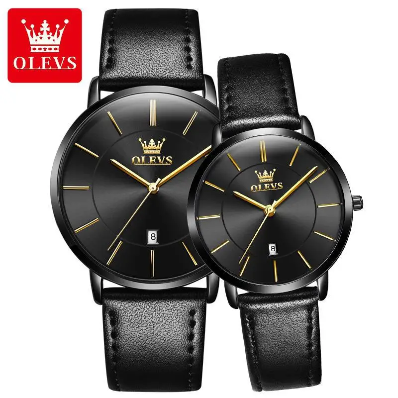 OLEVS 5869 luxury classic lovers quartz watch superior Genuine Leather band Waterproof date display low moq business wrist watch