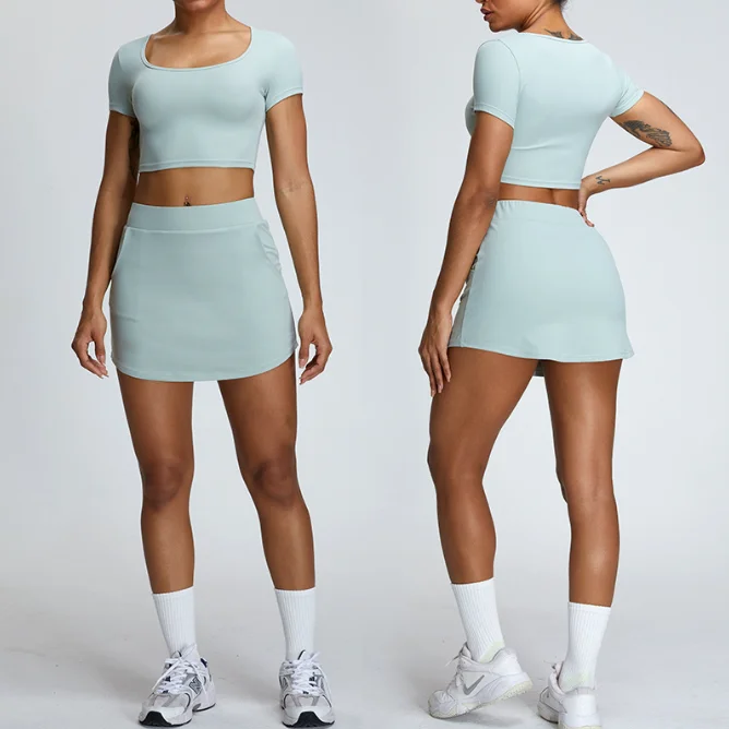 Privacy Label Female Tennis Wear Short A-line Skirt Two-piece Suit Gym Wear 75% nylon 25% Spandex Tennis Skirt Sets