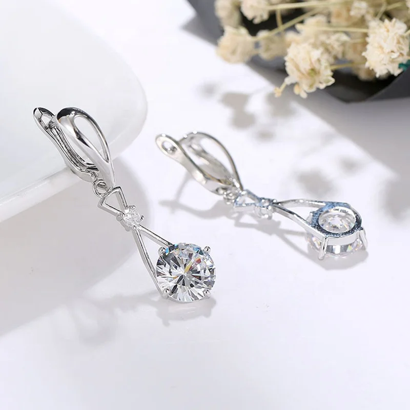 
Women Party Wedding Long Clip On Earring Round White Zircon CZ Stone Drop Dangle Earrings 