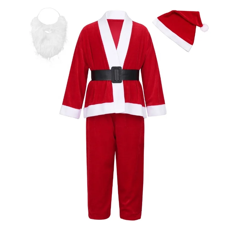 3-14  Boys Christmas Outfit Long Sleeves Tops with Hat Beard Trousers Belt Set Santa Claus Costume For Party Dress Up