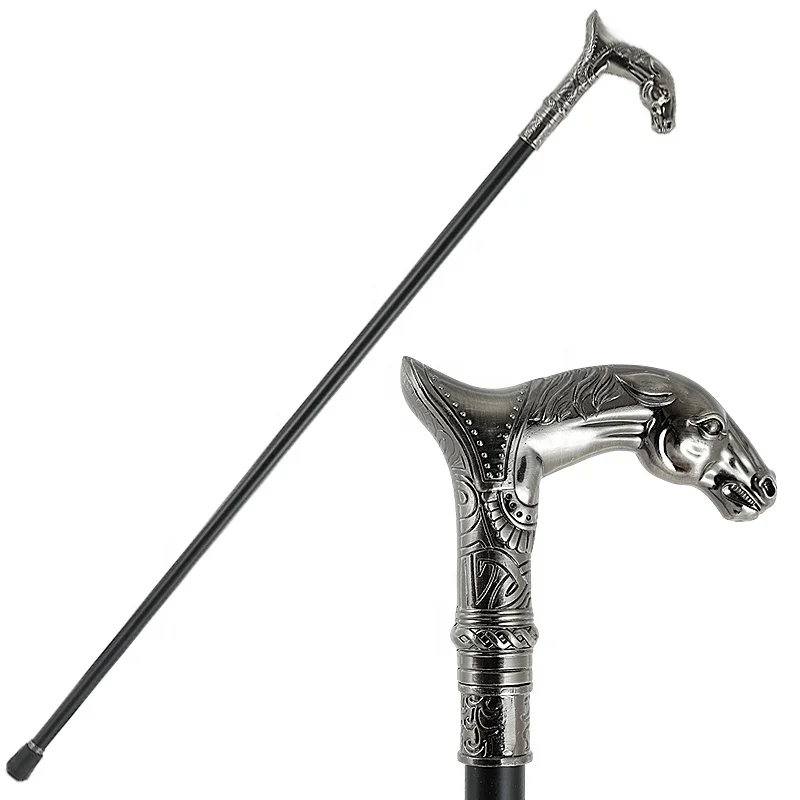 Silver horse Head handle Halloween Crosier cane self defense stick walking cane for men