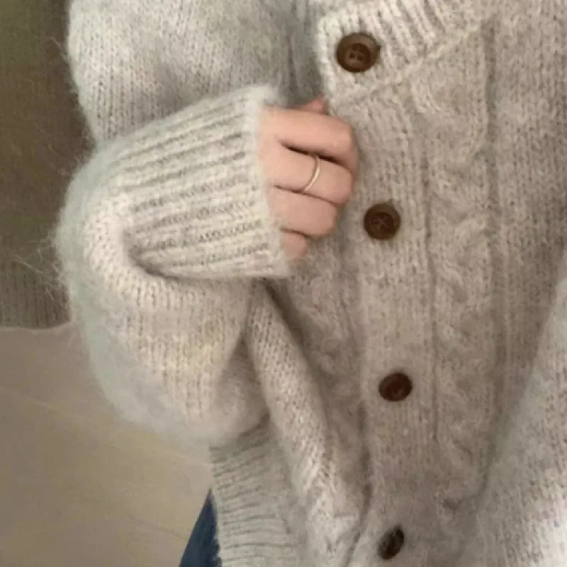 Винтажный однотонный мохеровый свитер в стиле французского стиля на заказ женский зимний мягкий вязаный кардиган