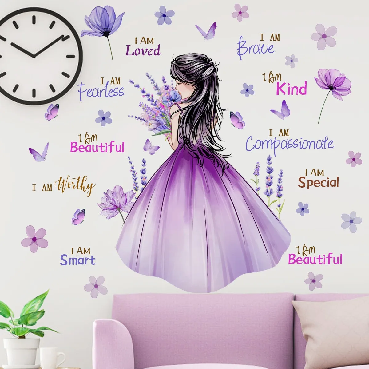 Beautiful Girl Back Pink Dress Wall Stickers Queen Crown Wallpaper Stars and Dots Sticker Home Decor for Living Room Wall Decal