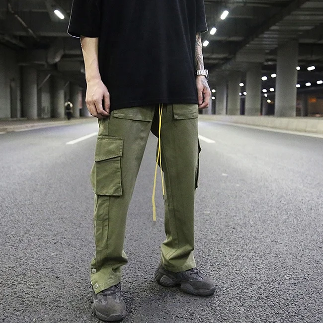 
stock multi pockets washed distressed trousers men plain color elastic drawstring cargo pants side button casual wear custom 