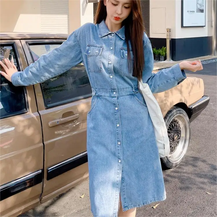 OEM Casual Long Sleeve Solid Turn Down Collar Knee Length Summer New Single Breasted Cotton Denim Shirt Dress Women With Pockets